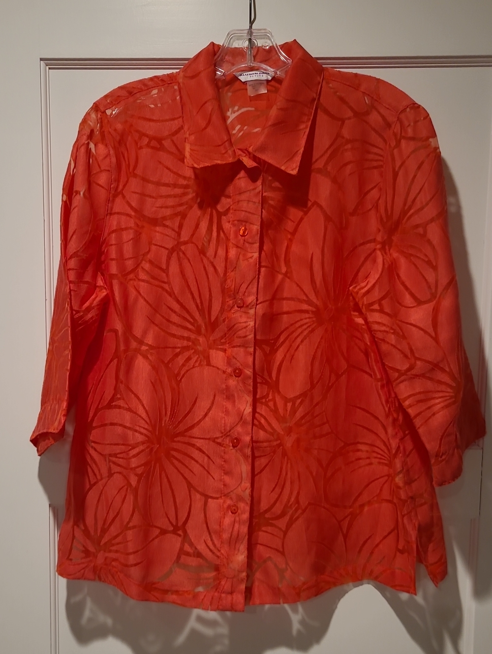 Allison Daley Sheer Red-Orange Floral Button-Down Shirt